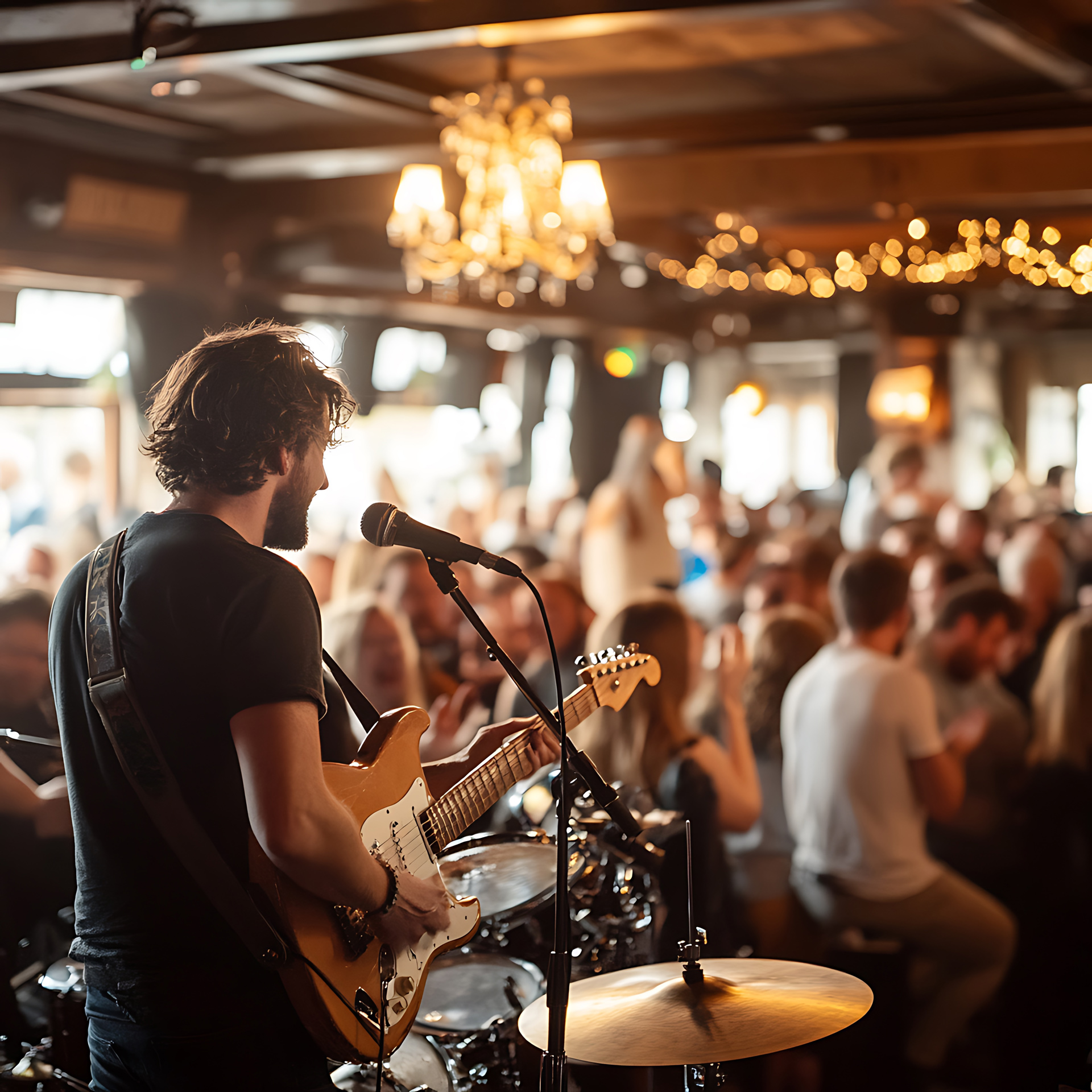 Magnolia A musician plays electric guitar on stage in a lively, crowded bar with warm lighting and audience applause.