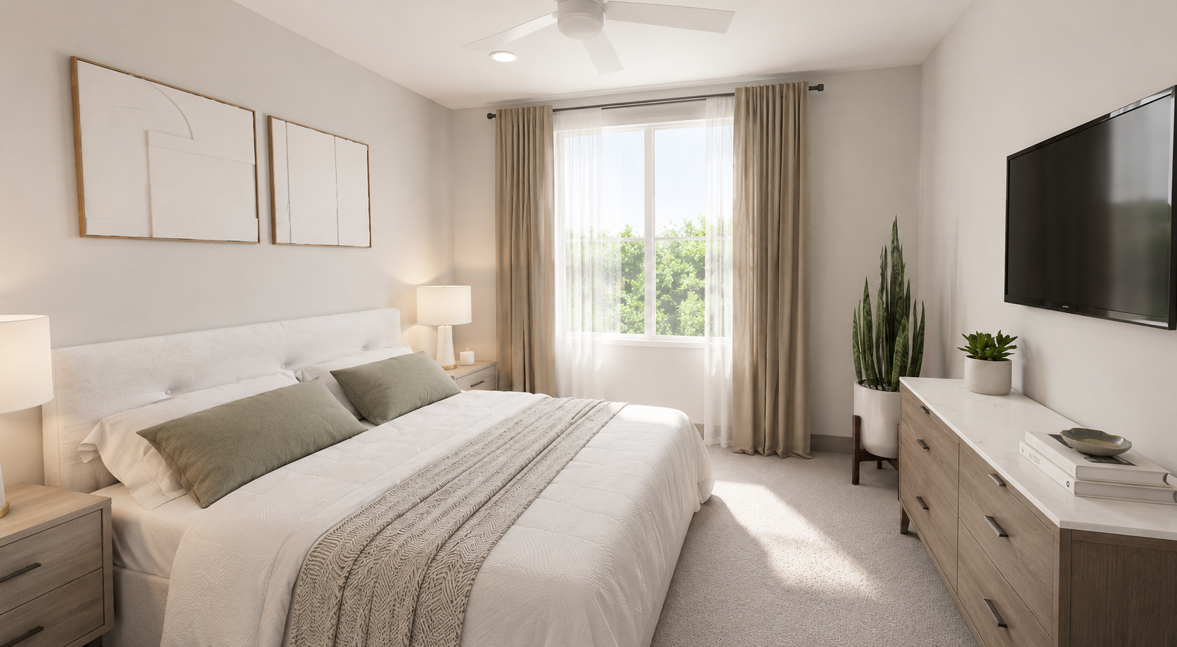 Magnolia A modern bedroom with a neatly made bed, large window, TV, dresser, two lamps, and a tall plant.