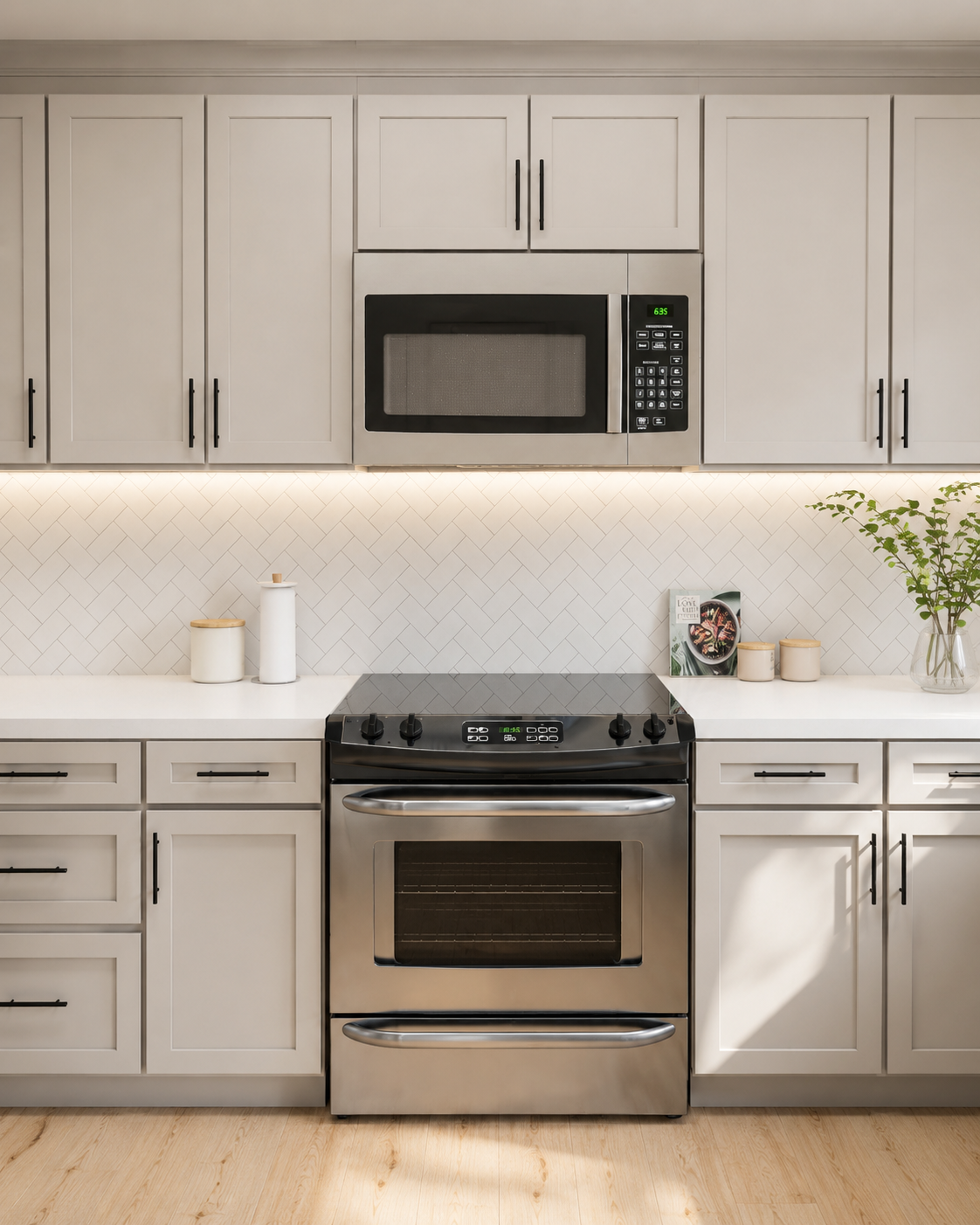 Magnolia Modern kitchen with white cabinets, stainless steel oven, microwave, herringbone tile backsplash, and potted plant on counter.