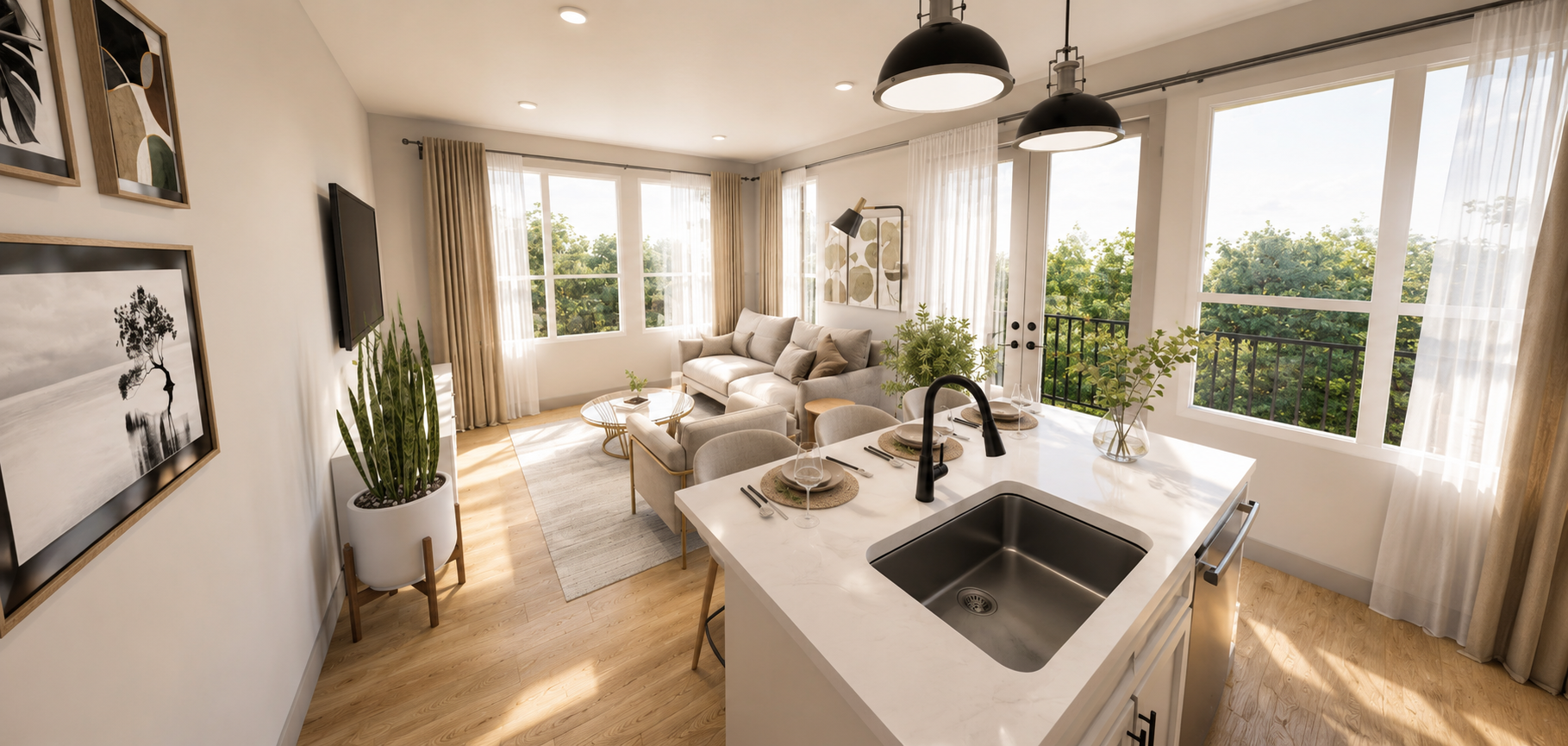 Magnolia Modern, sunlit living room with a sofa, armchairs, large windows, indoor plants, and a kitchen island with a sink and place settings.