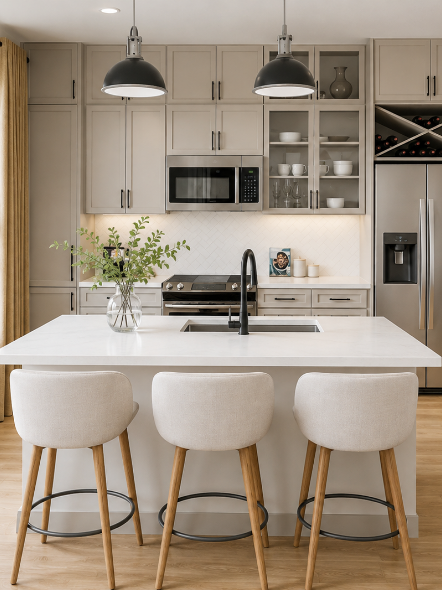 Magnolia Modern kitchen with white island, three barstools, pendant lights, stainless appliances, and light wood flooring.