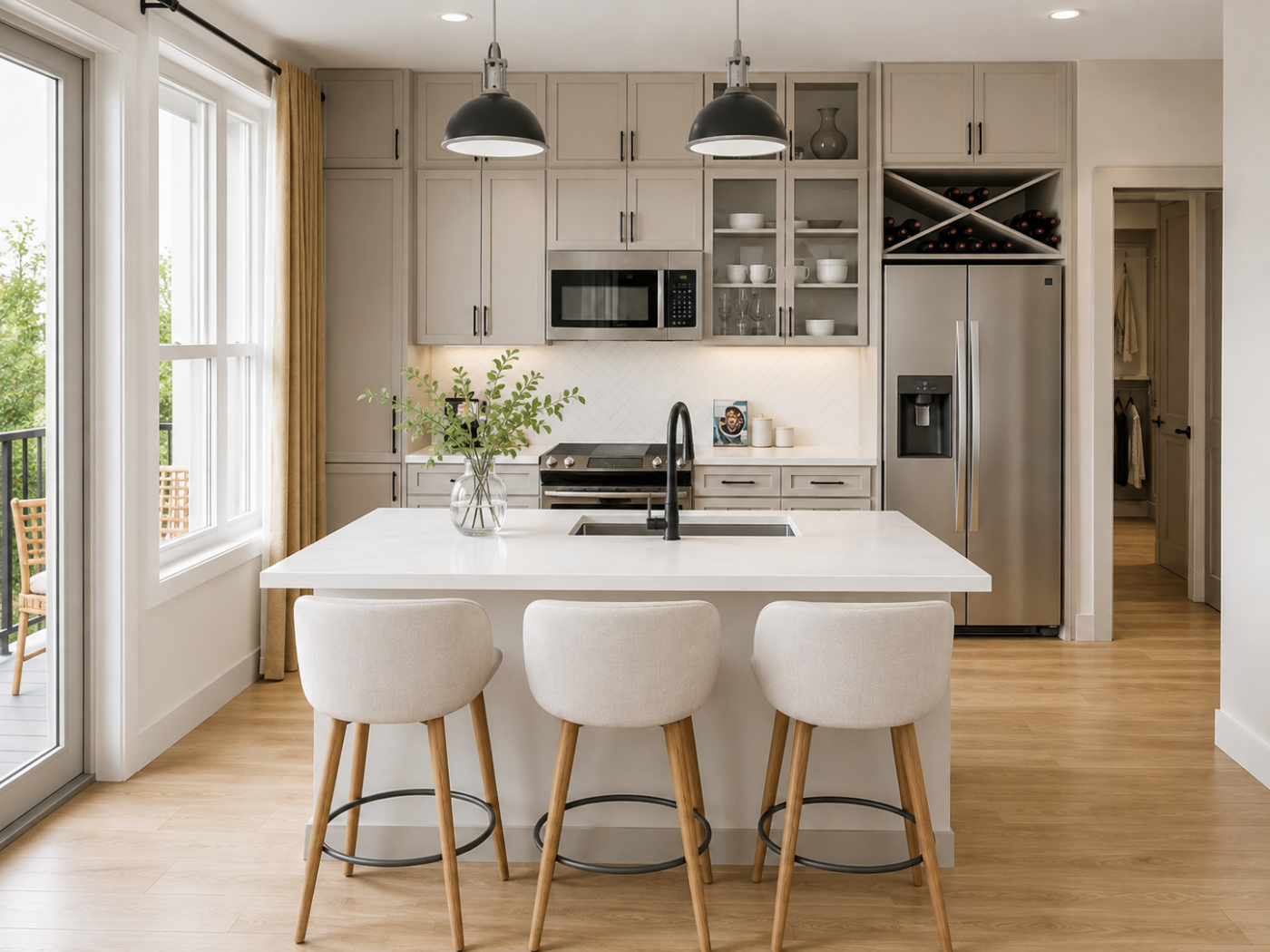 Magnolia Modern kitchen with white island, three barstools, pendant lights, stainless appliances, and light wood flooring.