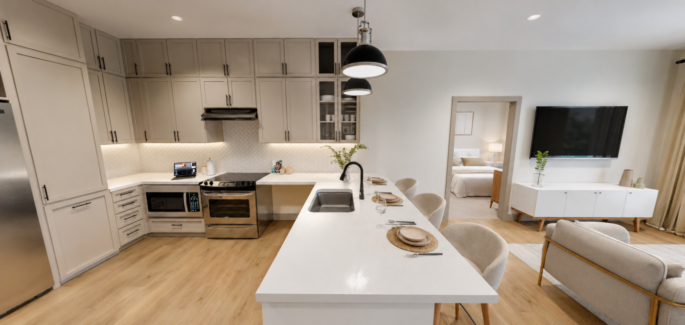 Magnolia Modern kitchen with white cabinets, island with sink, bar stools, and view of living area and bedroom in background.