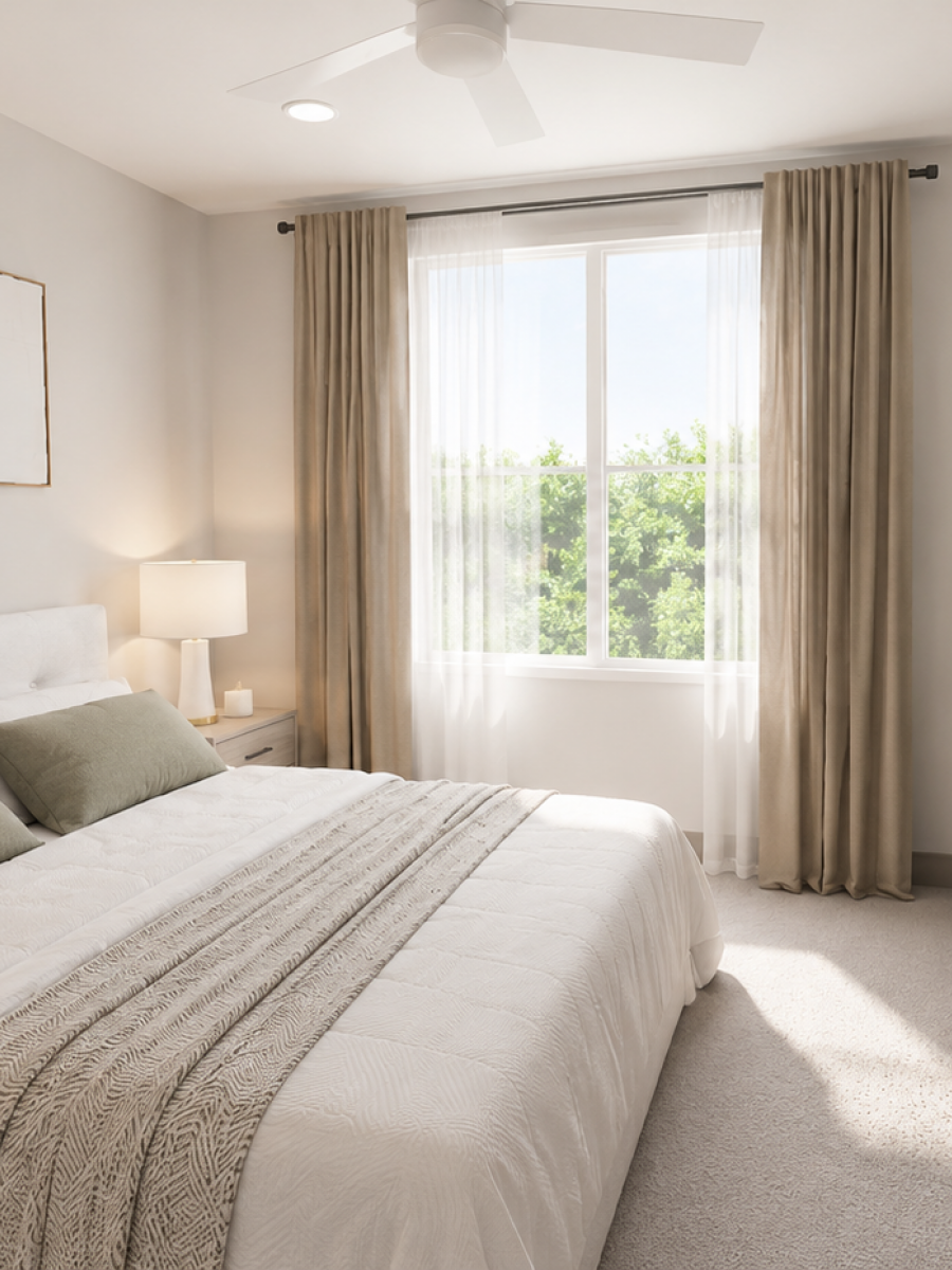Magnolia A modern bedroom with a neatly made bed, large window, TV, dresser, two lamps, and a tall plant.