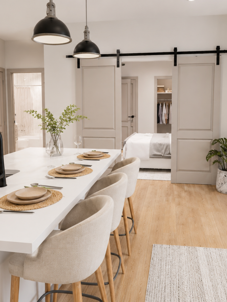 Magnolia Modern kitchen with island seating, black fixtures, pendant lights, and a sliding barn door leading to a bedroom.