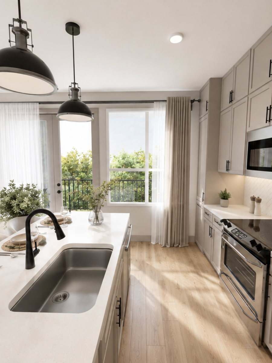 Magnolia Modern kitchen with gray cabinets, island sink, pendant lights, and open living area with large windows and neutral decor.